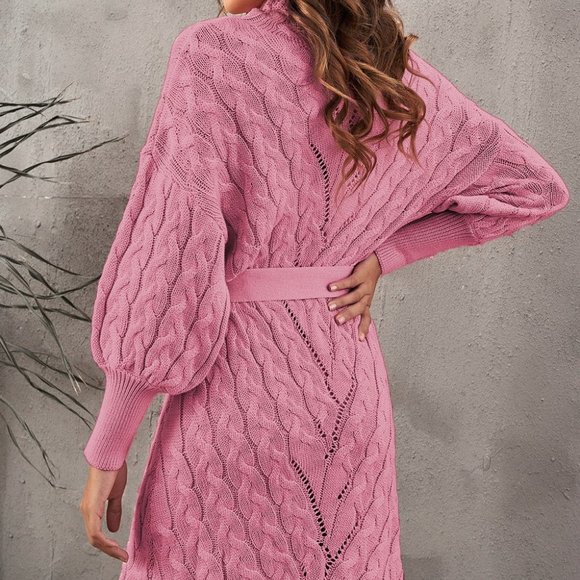 CABLE-KNIT BELTED TURTLENECK SWEATER DRESS - Picture 5 of 6